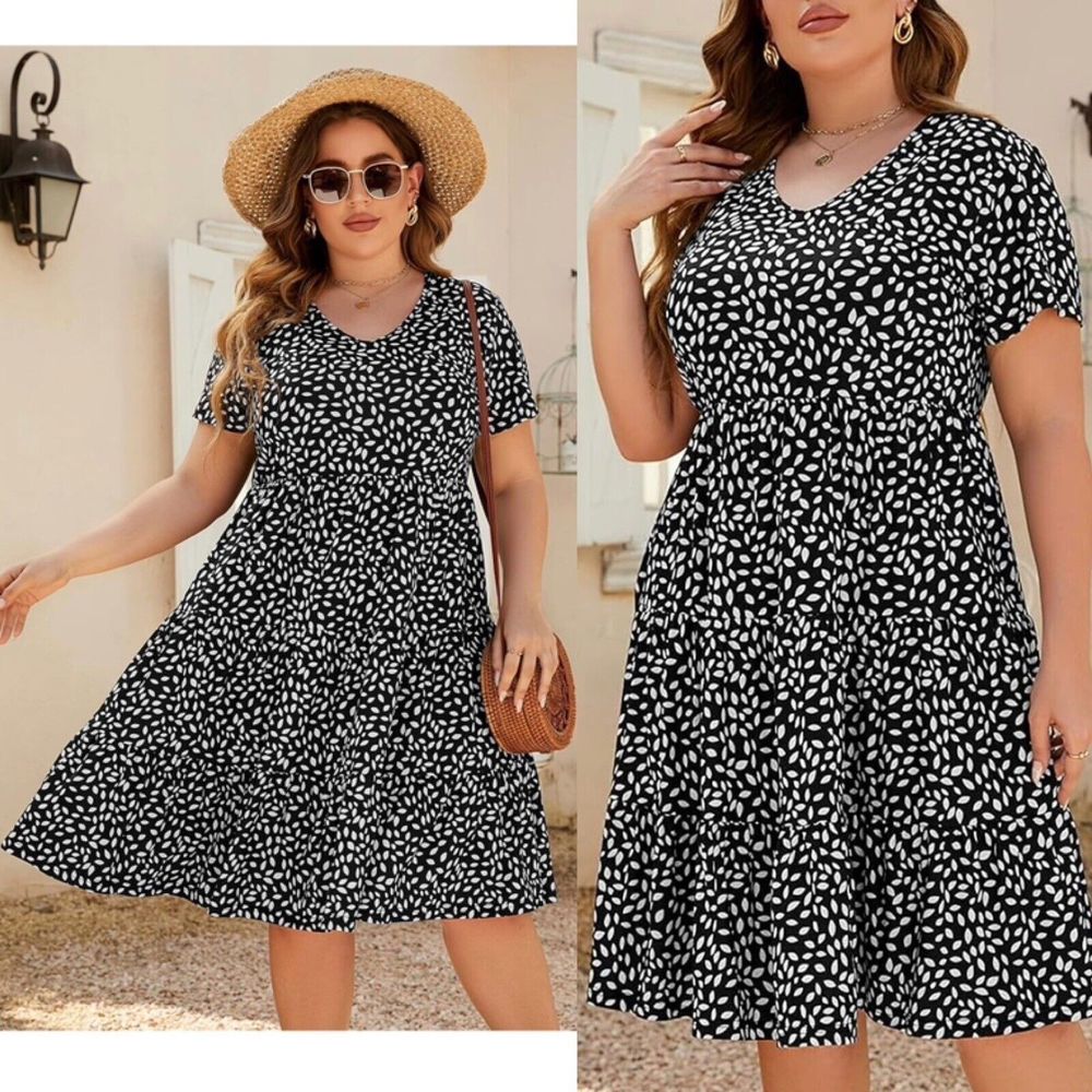 Tiered Midi Dress Plus Size 2XL Short Sleeve Stretchy Leafy Floral Black White
